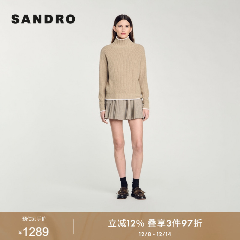 SANDRO Outlets秋冬女装法式气质时尚白色花边领高领针织衫上衣