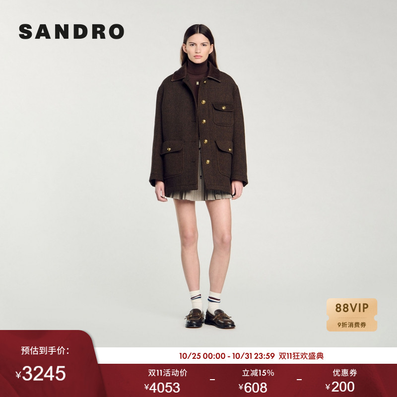 SANDRO Outlets秋冬女装法式气质复古棕黄色拼接皮革翻领毛呢外套