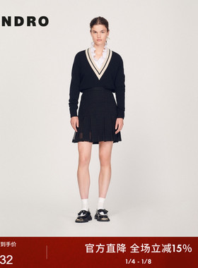 SANDRO Outlets秋冬女装法式休闲优雅黑色微喇高腰百褶半身短裙