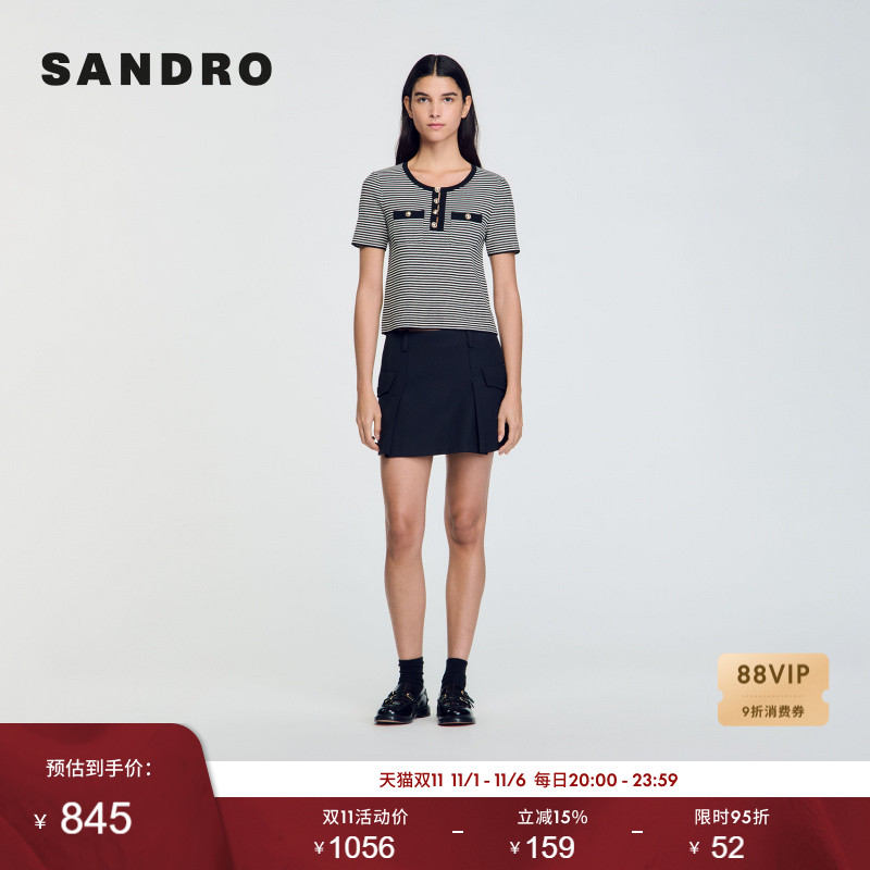 SANDRO Outlets秋冬女装法式气质时尚黑色条纹圆领短款套头针织衫