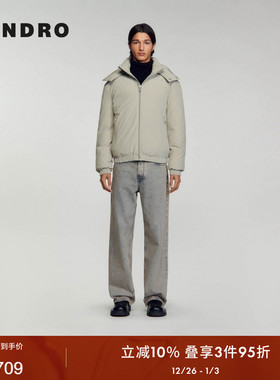 SANDRO Outlets秋冬男装法式休闲灰色拉链休闲短款连帽棉服外套