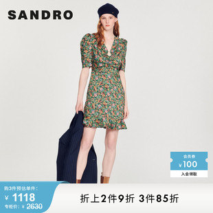 印花V领荷叶边通勤短款 SANDRO Outlet女装 法式 连衣裙SFPRO02471