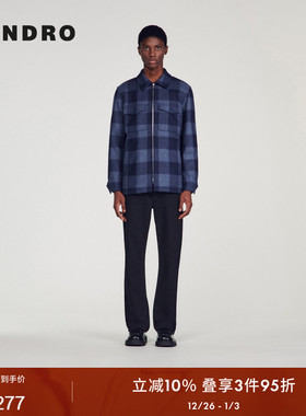 SANDRO Outlets秋冬男装法式休闲羊毛混纺蓝色撞色格纹翻领外套