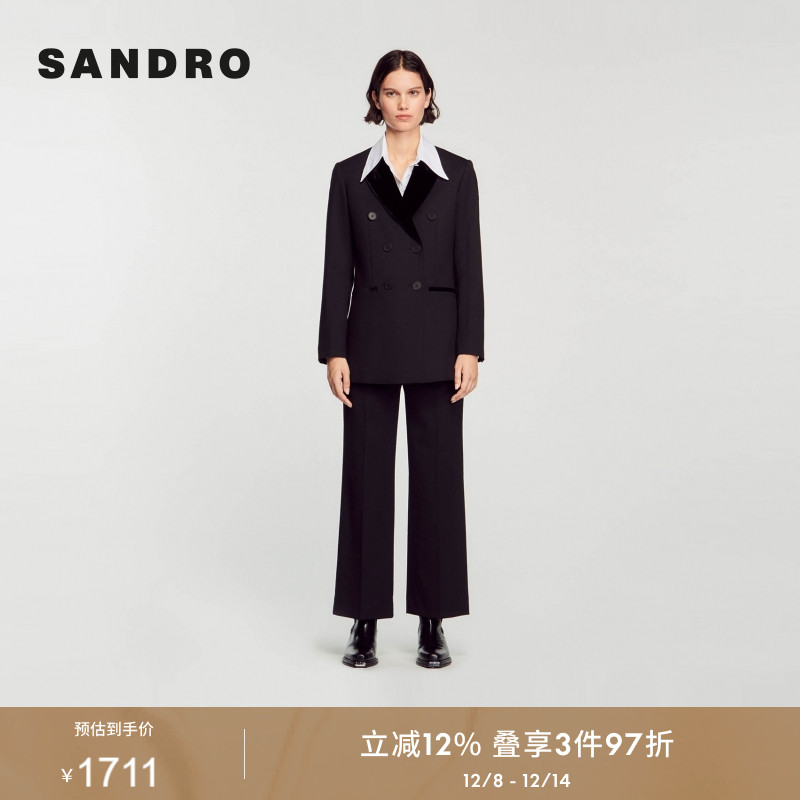 sandro绒面拼接领黑色西装外套