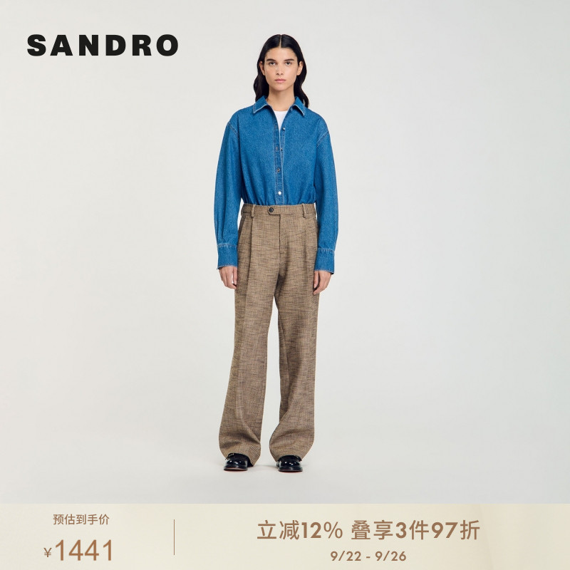 SANDRO Outlets秋季款女装法式商务气质格纹直筒西装裤SFPPA01601
