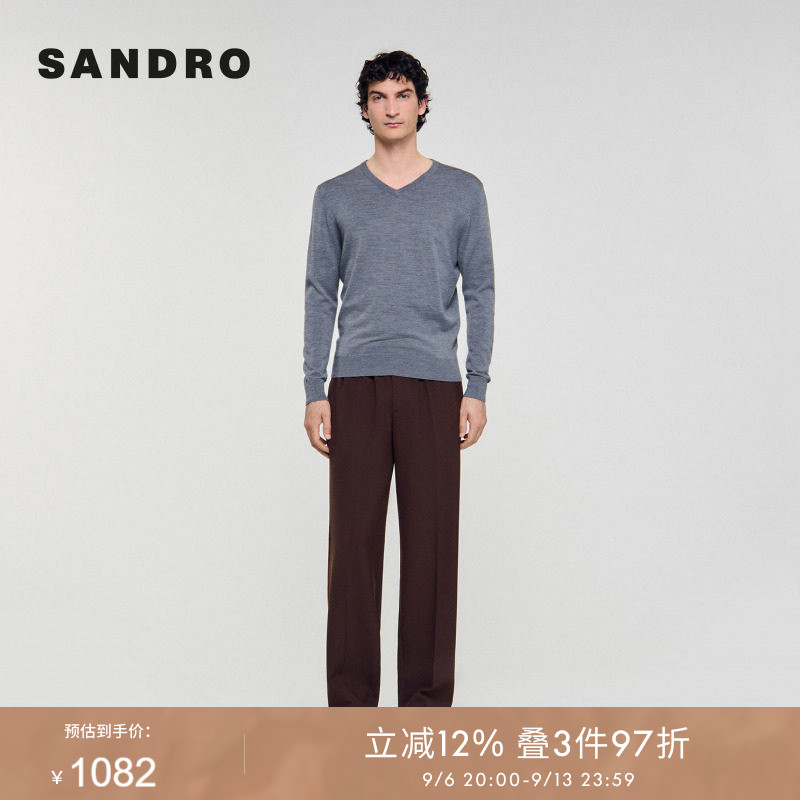 SANDRO Outlets男装法式时尚绵羊毛灰色经典V领罗纹收口针织上衣图片