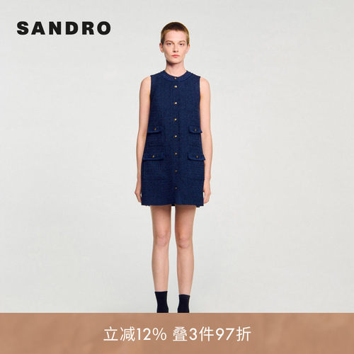 线上专享SANDRO Outlets女装法式时尚深蓝色粗花呢无袖圆领连衣裙