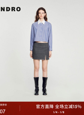 SANDROOutlets秋冬女装法式简约气质深灰色仿钻微开叉短款半裙