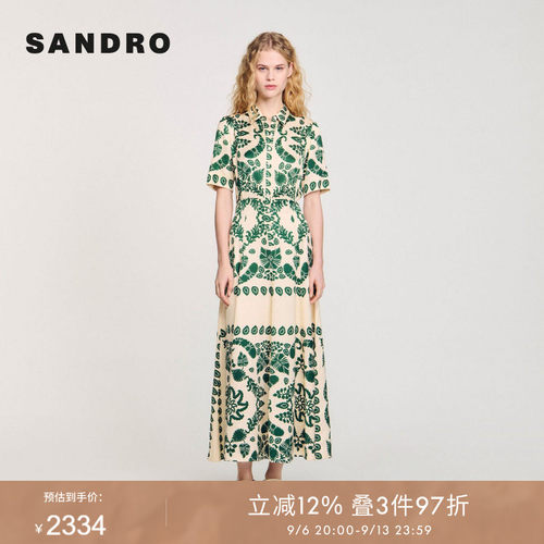 SANDRO Outlets夏季女装法式时尚气质印花茶歇系衬衫式长款连衣裙