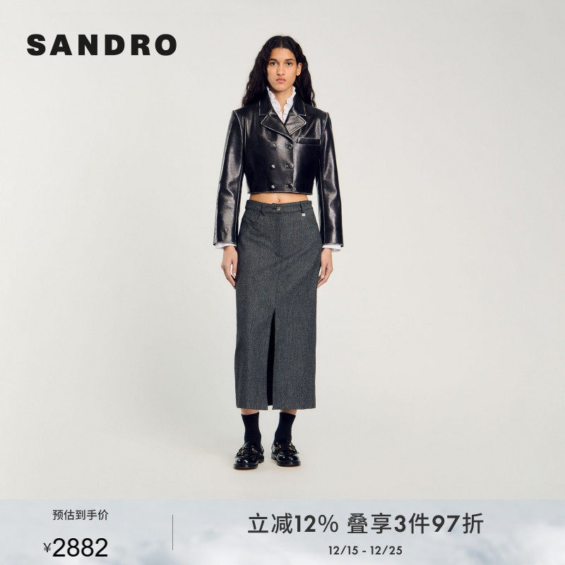 SANDRO Outlets秋冬女装羊皮革黑色双排扣平驳领长袖短款皮衣外套