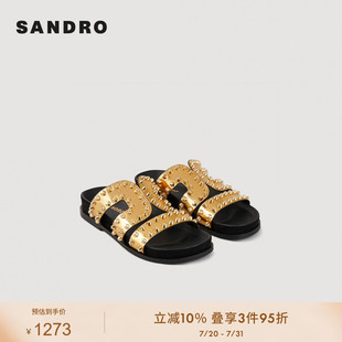 SFACH01081 SANDRO Outlets24春秋女士时尚 铆钉装 饰金色平底凉拖鞋