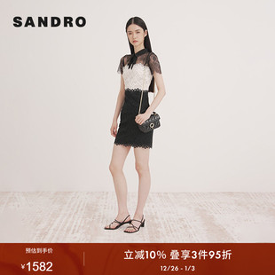 黑白蕾丝拼接翻领系带短款 SANDRO 修身 法式 连衣裙 Outlets秋冬女装