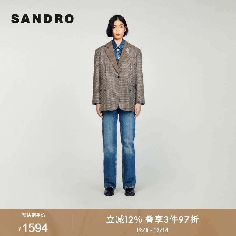 SANDRO千鸟格翻驳领直筒西装外套