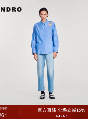 SANDRO Outlets秋冬女装法式棉质蓝色条纹镂空爱心仿钻长袖衬衫