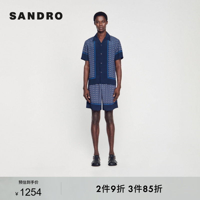 深蓝格纹短袖衬衫上衣SANDRO