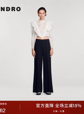 SANDRO Outlets秋冬女装休闲黑色条纹图案拉链高腰阔腿西装长裤