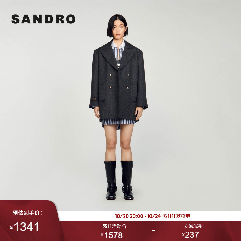 SANDRO通勤双排扣灰色翻领棉服