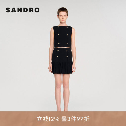 SANDRO Outlets女装法式时尚金色扣饰黑色圆领无袖修身针织衫