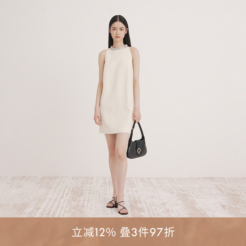 SANDRO Outlets夏季女装法式时尚白色仿钻圆领无袖直筒短款连衣裙图片