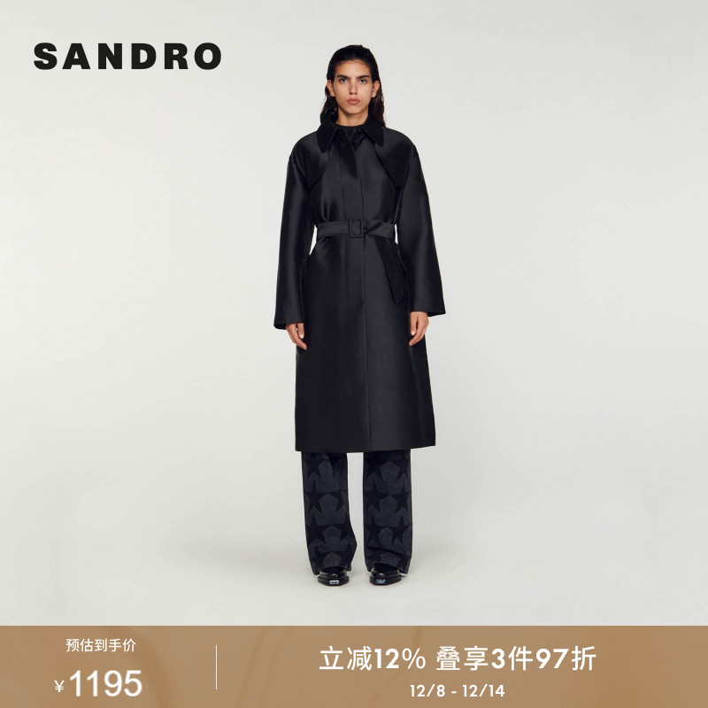 SANDRO收腰系带黑色风衣