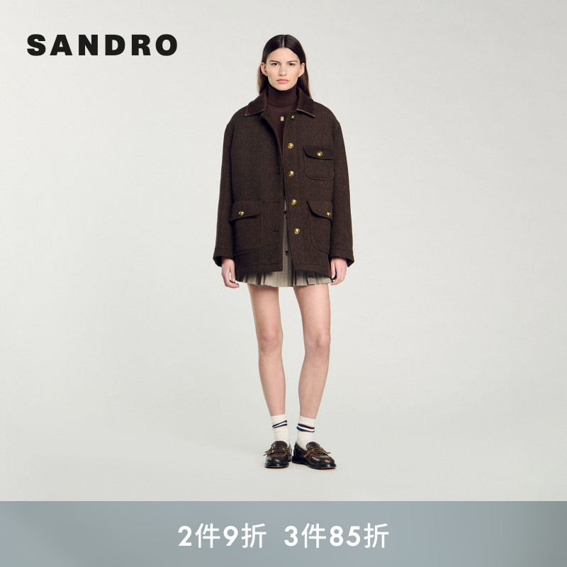 SANDRO Outlets秋冬女装法式气质复古棕黄色拼接皮革翻领毛呢外套