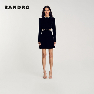 Outlets秋季 时尚 款 法式 优雅腰部镂空仿钻小黑裙连衣裙 女装 SANDRO