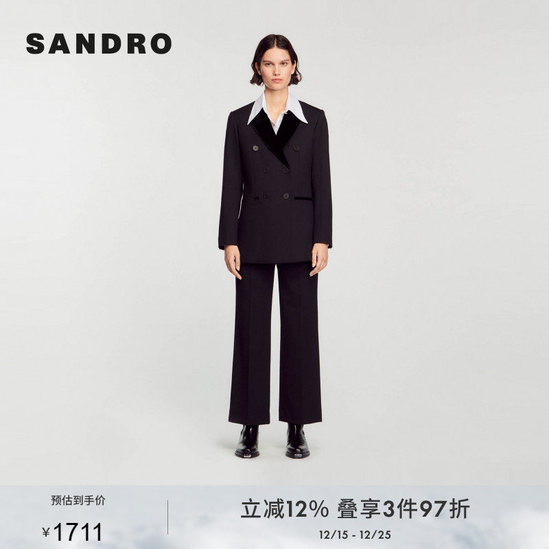 sandro绒面拼接领黑色西装外套