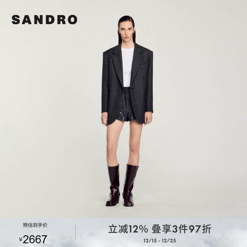 SANDRO Outlets秋冬女装法式气质时尚绵羊毛复古格纹短款西装外套