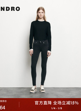 SANDRO Outlets经典款女装法式复古时尚丹宁黑色修身牛仔裤长裤