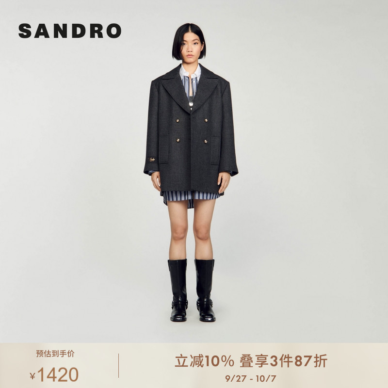 SANDRO通勤双排扣灰色翻领棉服