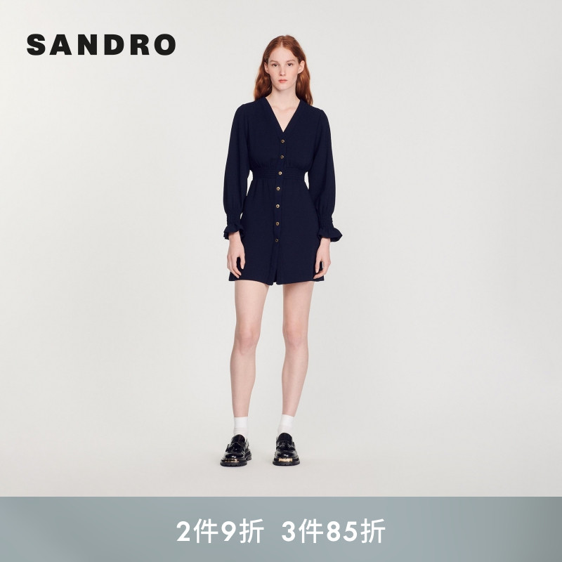 日常通勤单排扣装饰V领连衣裙