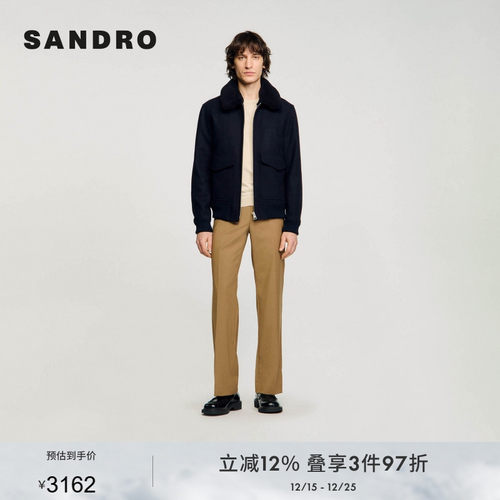 SANDRO Outlets秋冬男装时尚羊毛混纺毛翻领毛呢飞行员夹克外套