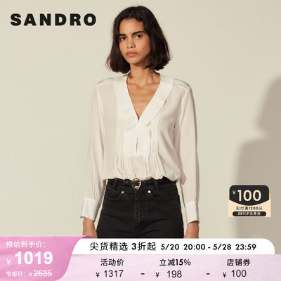 SANDRO Outlet女装法式百褶桑蚕丝长袖薄款白衬衫上衣SFPTO00227