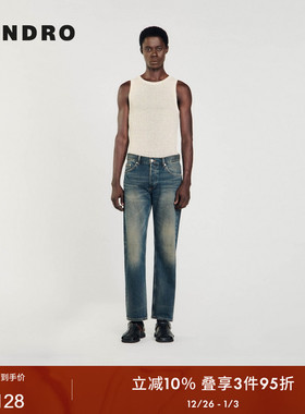 SANDRO Outlets秋冬男装复古时尚气质棉质蓝色丹宁直筒长裤牛仔裤
