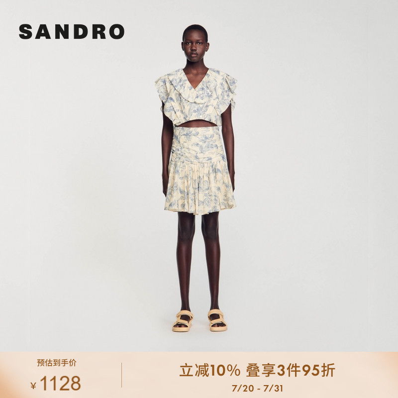 SANDRO Outlets24春秋女装印花荷叶边V领短款无袖T恤SFPTO00688