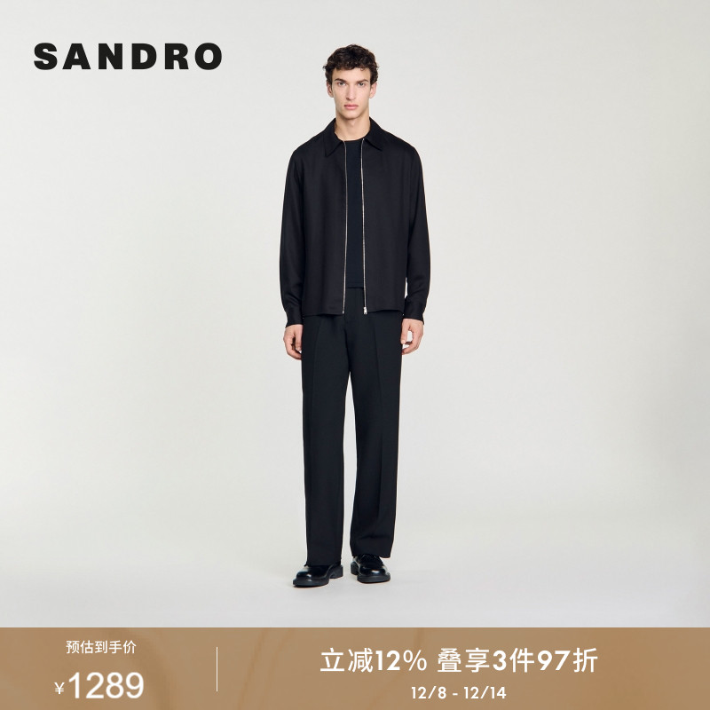 SANDRO Outlets秋冬男装法式休闲简约黑色短款商务拉链翻领夹克