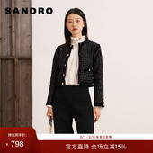 SANDRO 外套 气质黑色格纹细闪圆领针织开衫 Outlets秋冬女装 经典