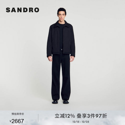 SANDRO Outlets秋冬男装时尚商务银色logo黑色翻领短款外套夹克