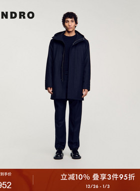 SANDRO Outlets秋冬男装法式简约时尚深蓝色连帽拉链门襟棉服外套