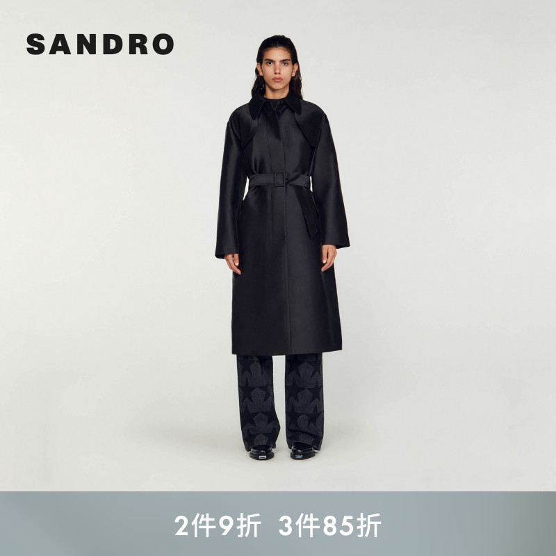 SANDRO收腰系带黑色风衣