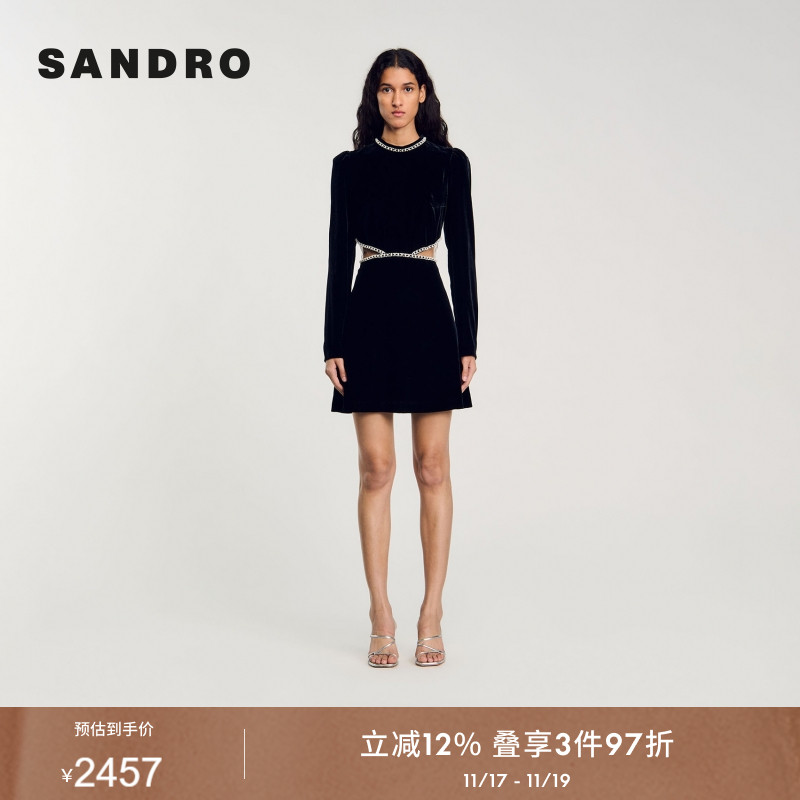 SANDRO Outlets秋季款女装法式时尚优雅腰部镂空仿钻小黑裙连衣裙