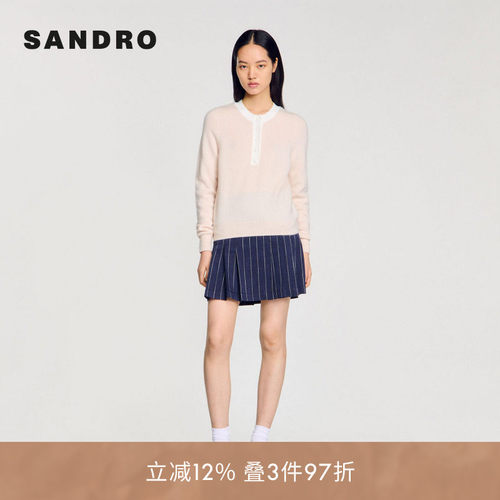 SANDRO Outlets女装男女同款法式时尚绵羊毛圆领短款长袖针织衫