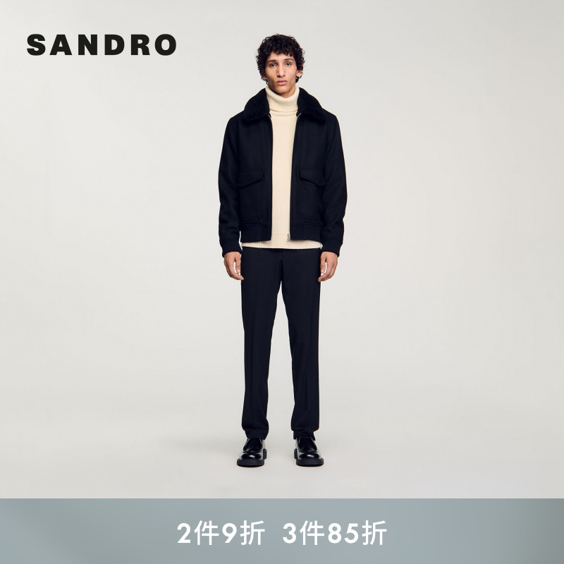 SANDRO Outlets秋冬男装法式简约黑色毛质翻领拉链门襟夹克外套