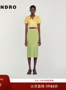 SANDRO Outlets春秋款法式时尚气质亮黄色仿钻短袖翻领针织衫上衣