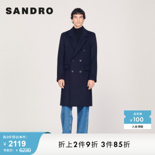 Outlet男装 SANDRO 长款 法式 羊毛毛呢大衣外套SHPMA00273 春秋款