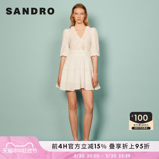 SANDRO 连衣裙SFPRO02192 春夏气质蕾丝花边白色V领短款 Outlet女装