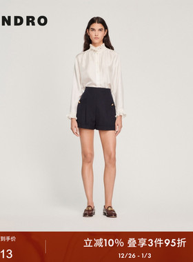 SANDRO Outlets秋冬女装经典款法式褶皱高腰扣饰深蓝色阔腿短裤