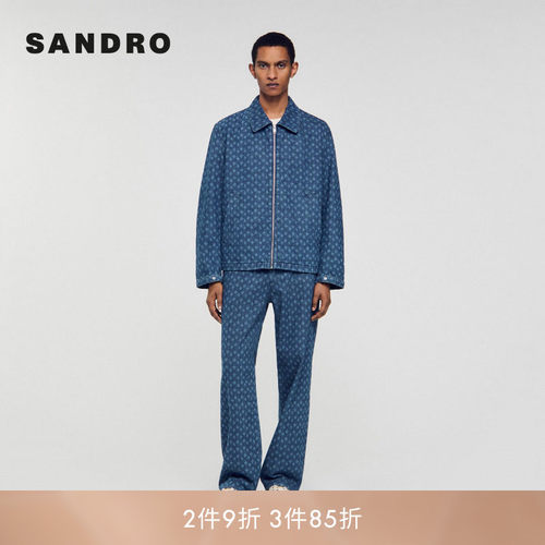 SANDRO Outlets男装法式时尚经典款蓝色绳结图案拉链翻领牛仔外套