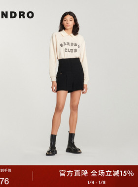 SANDRO Outlets秋冬女装法式经典款黑色高腰微喇斜纹粗花呢短裤