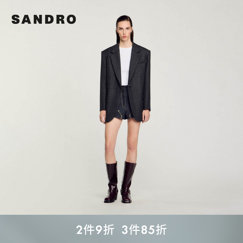 SANDRO Outlets秋冬女装法式气质时尚绵羊毛复古格纹短款西装外套